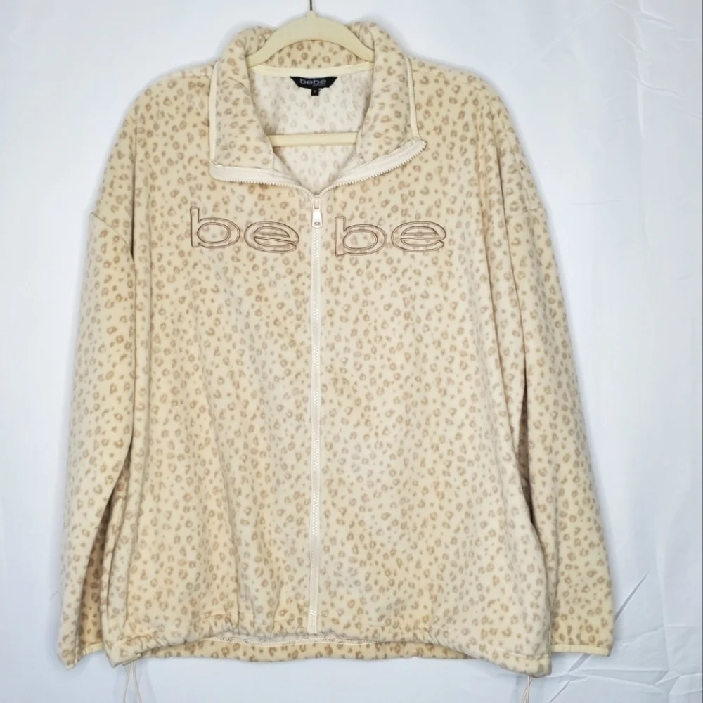 Bebe Animal Print Full Zip Fleece Jacket Size 1X Spell Out Long Sleeve Cozy Soft